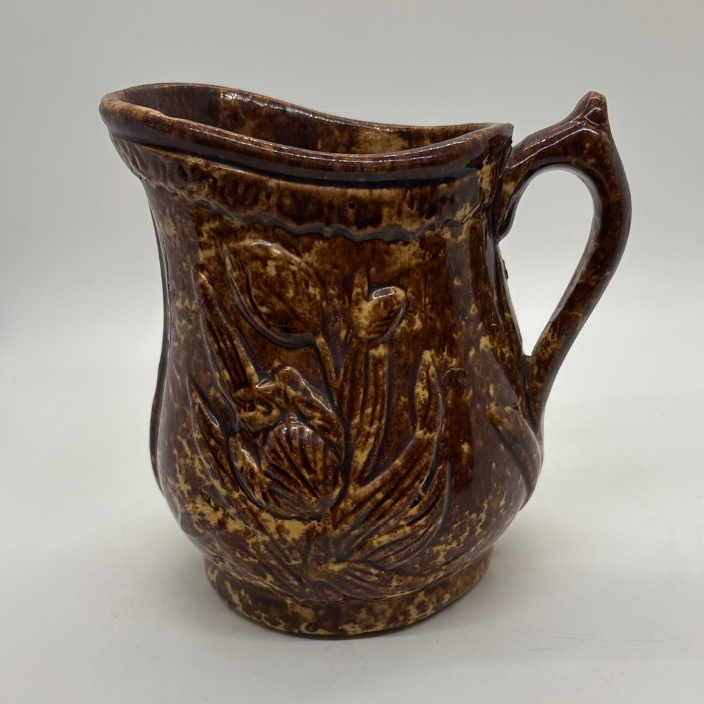 VTG Tulip Pattern Sponge Glaze Brown Pitcher Ceramic